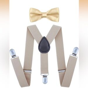 Little Kids Adjustable Shoulder Strap Y Shaped Bow Tie and Suspenders Set Beige